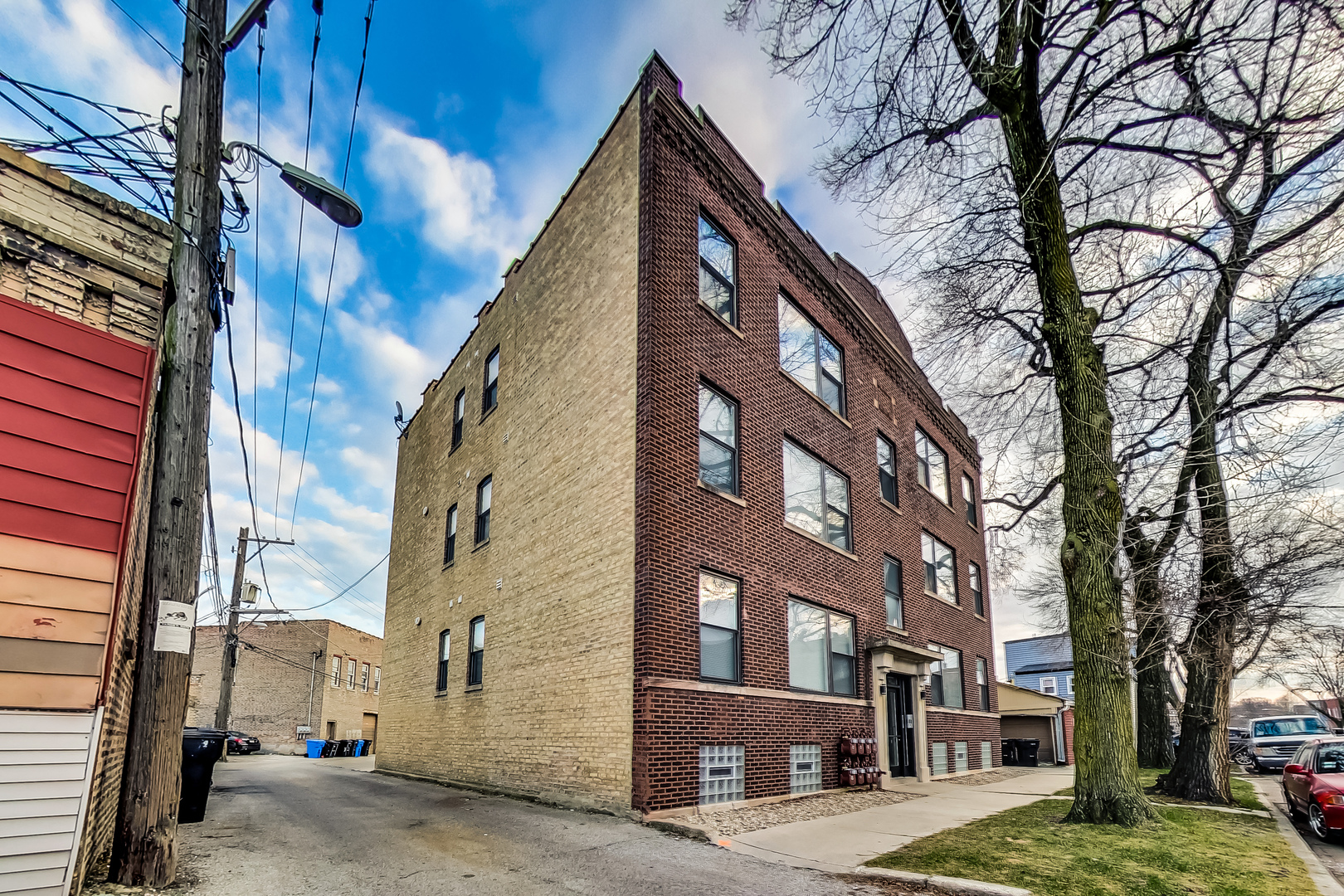 a view of a building with a street