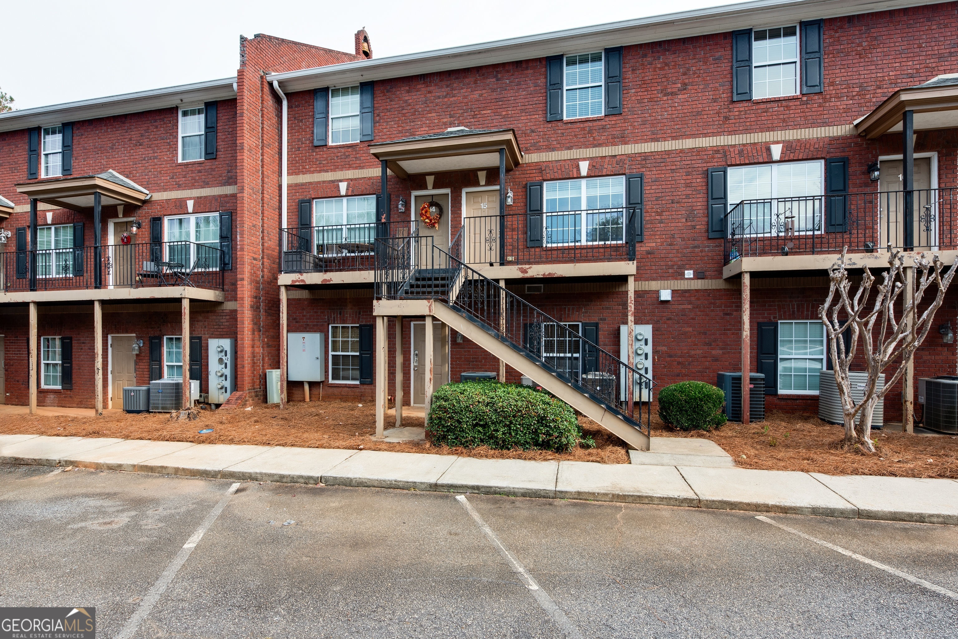 a front view of a brick building