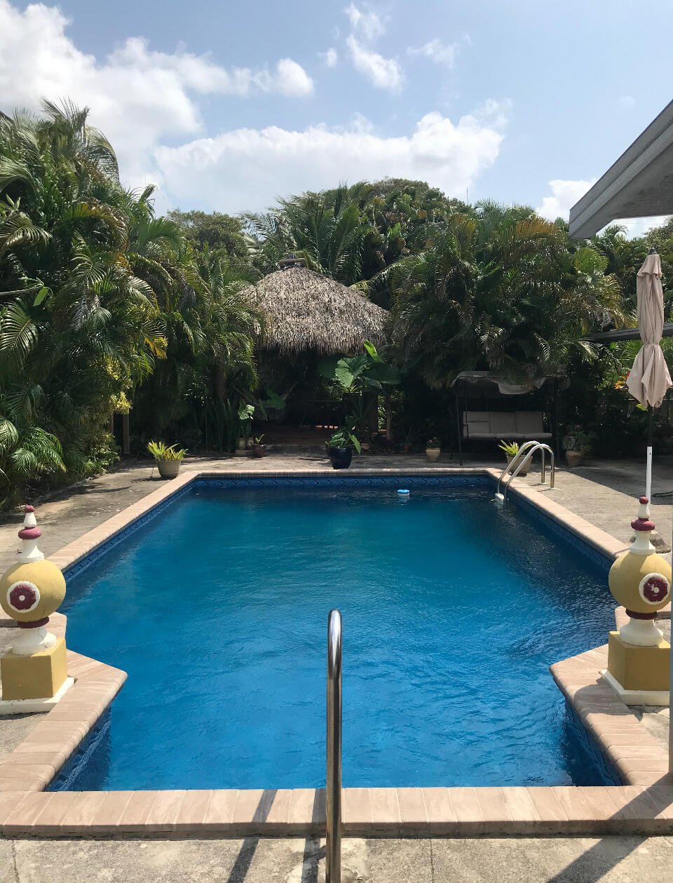 a view of a swimming pool with a lounge chairs