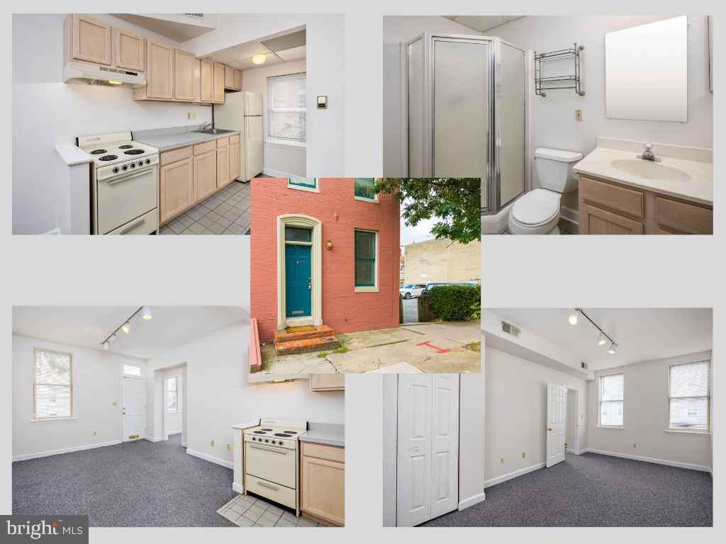 a kitchen with cabinets and window