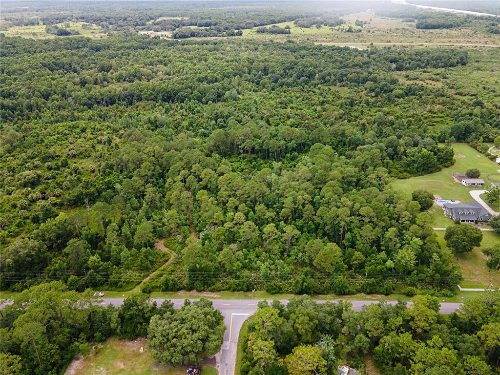 an aerial view of residential houses with outdoor space and trees