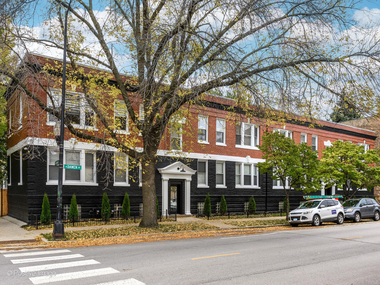 a view of a building with a street