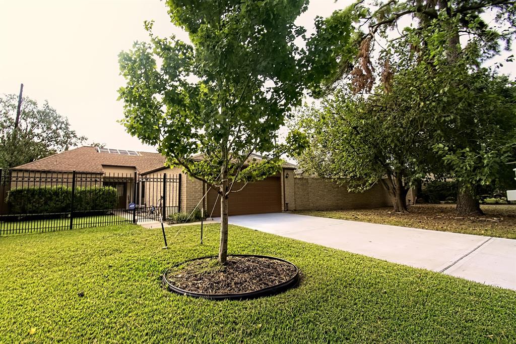 a swimming pool with some trees in the background