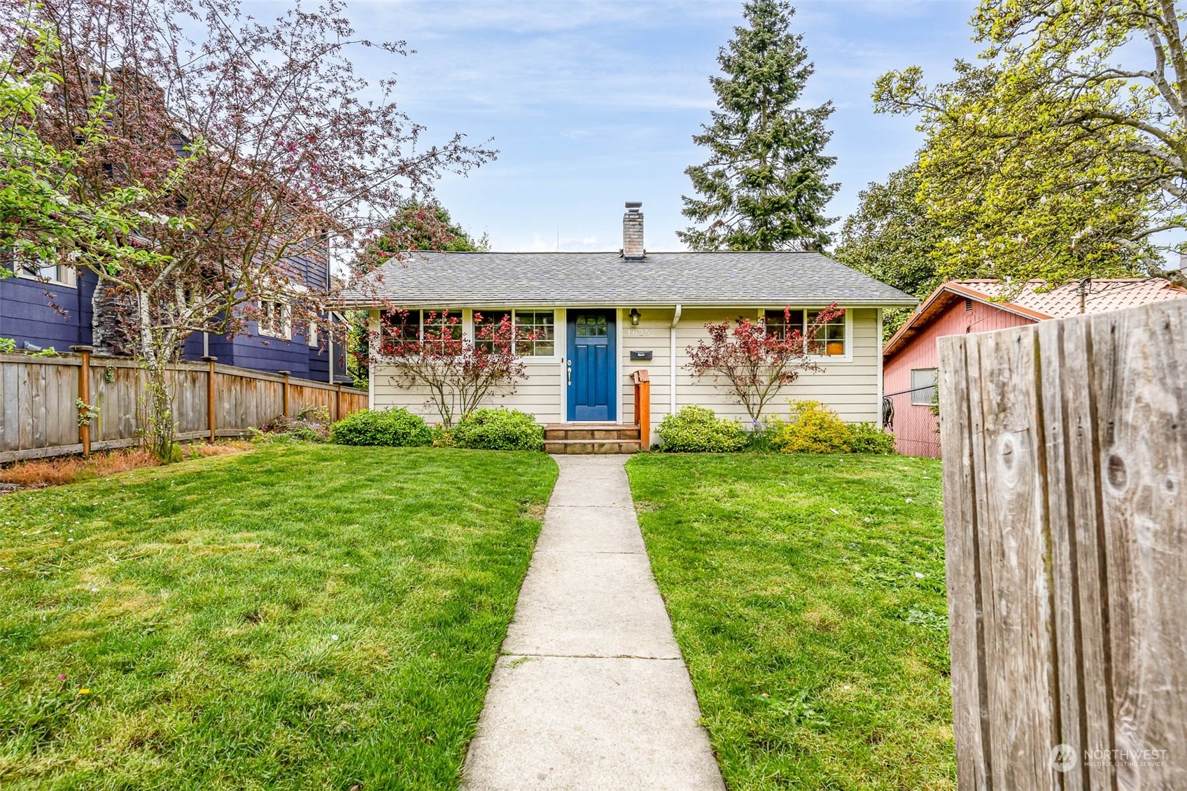 a view of a house with a small yard and a large tree