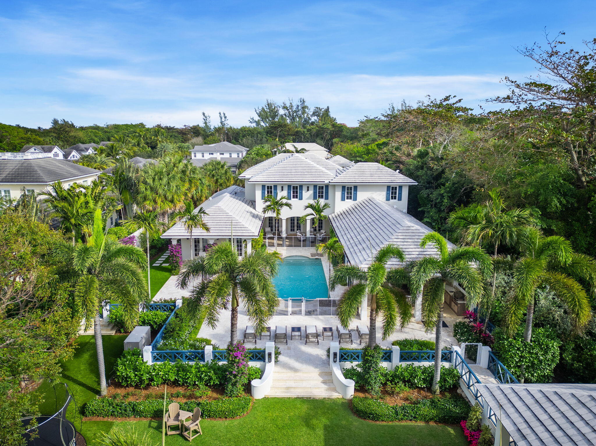 an aerial view of a house with a garden