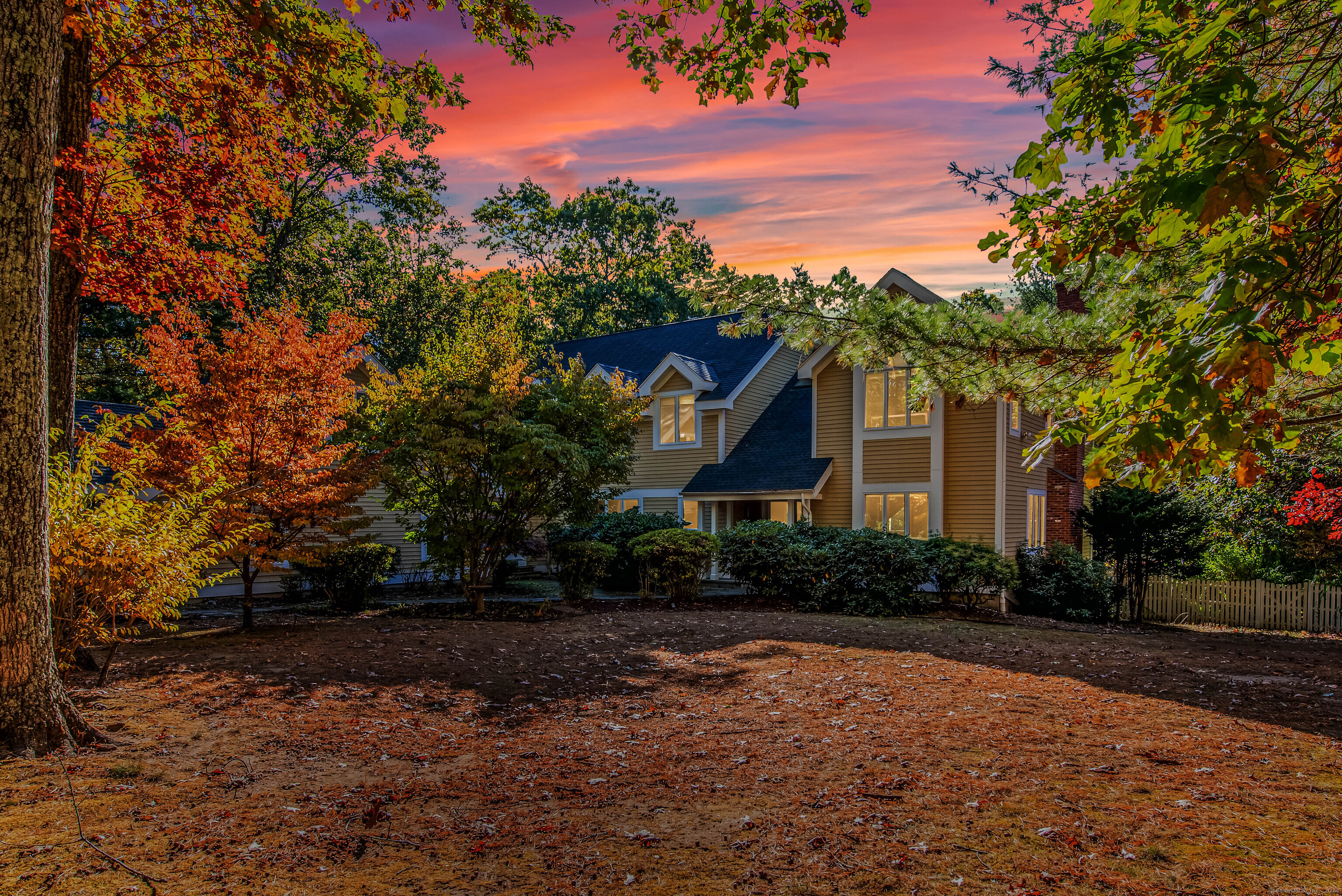 a front view of house with yard and green space