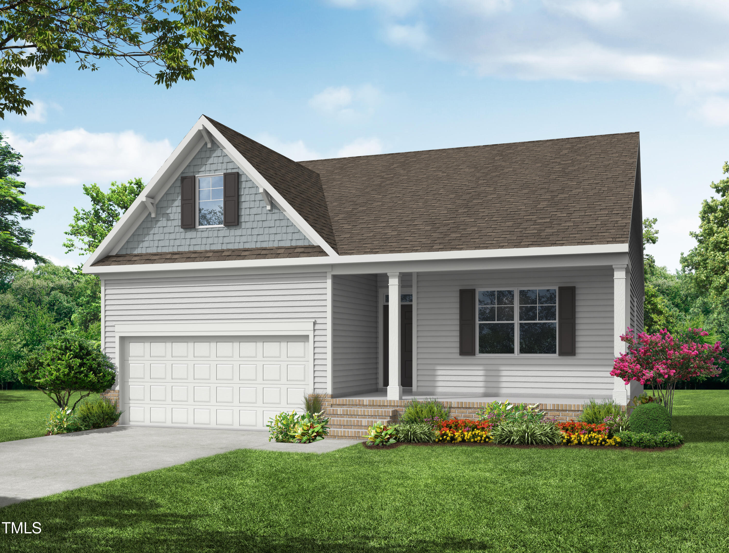 a front view of a house with a garden and plants