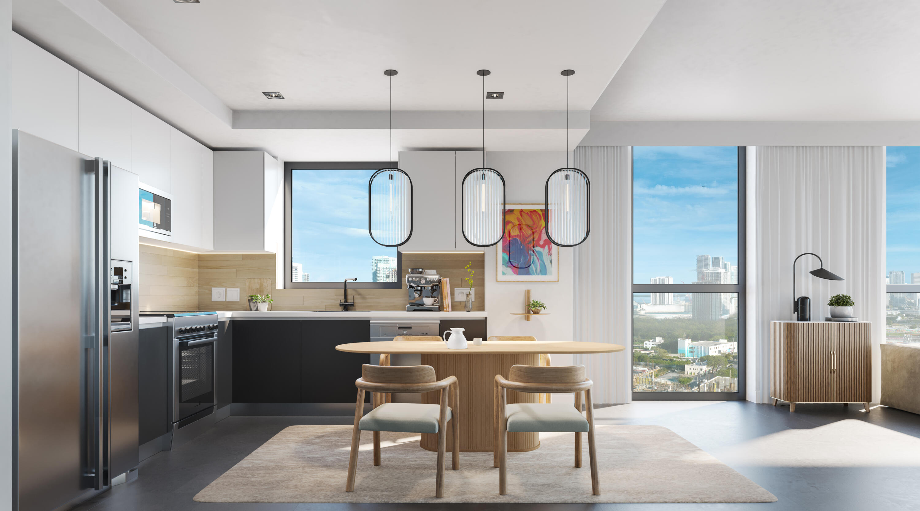 a kitchen with stainless steel appliances a sink and a refrigerator