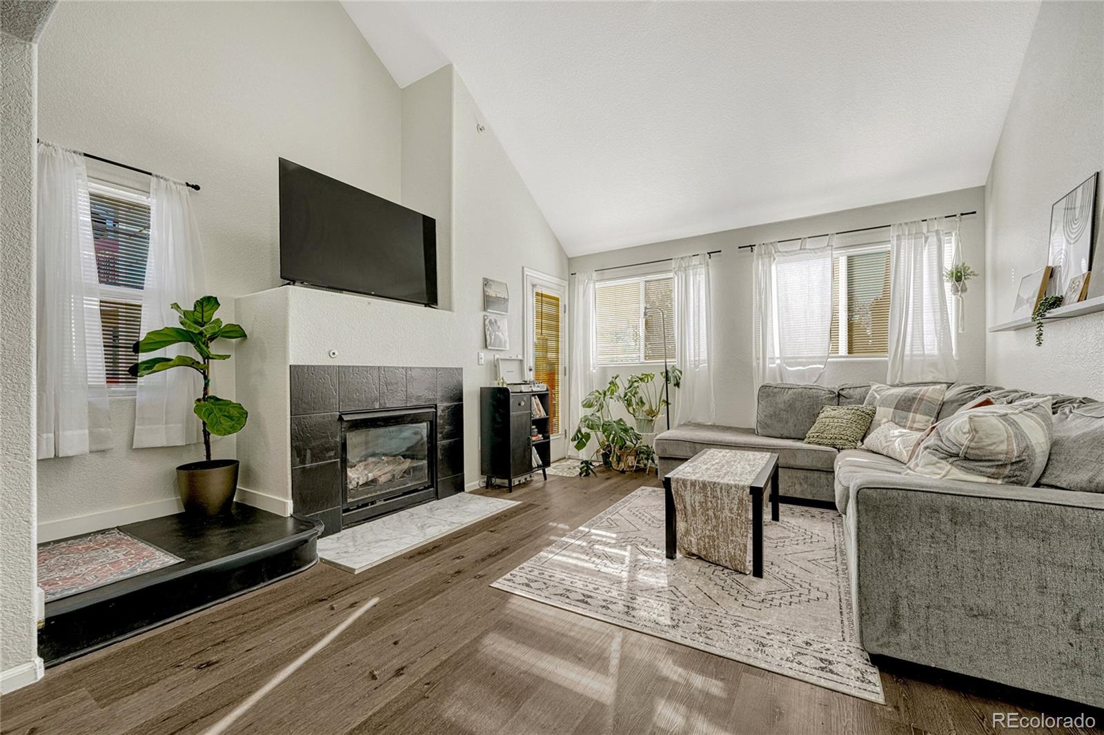 a living room with furniture a flat screen tv and a fireplace