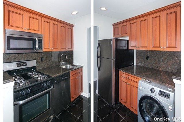 a kitchen with stainless steel appliances granite countertop a refrigerator stove and sink