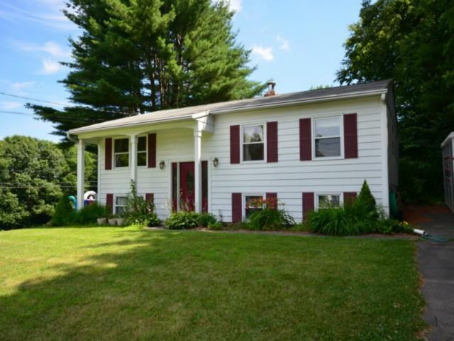 a front view of house with yard and green space