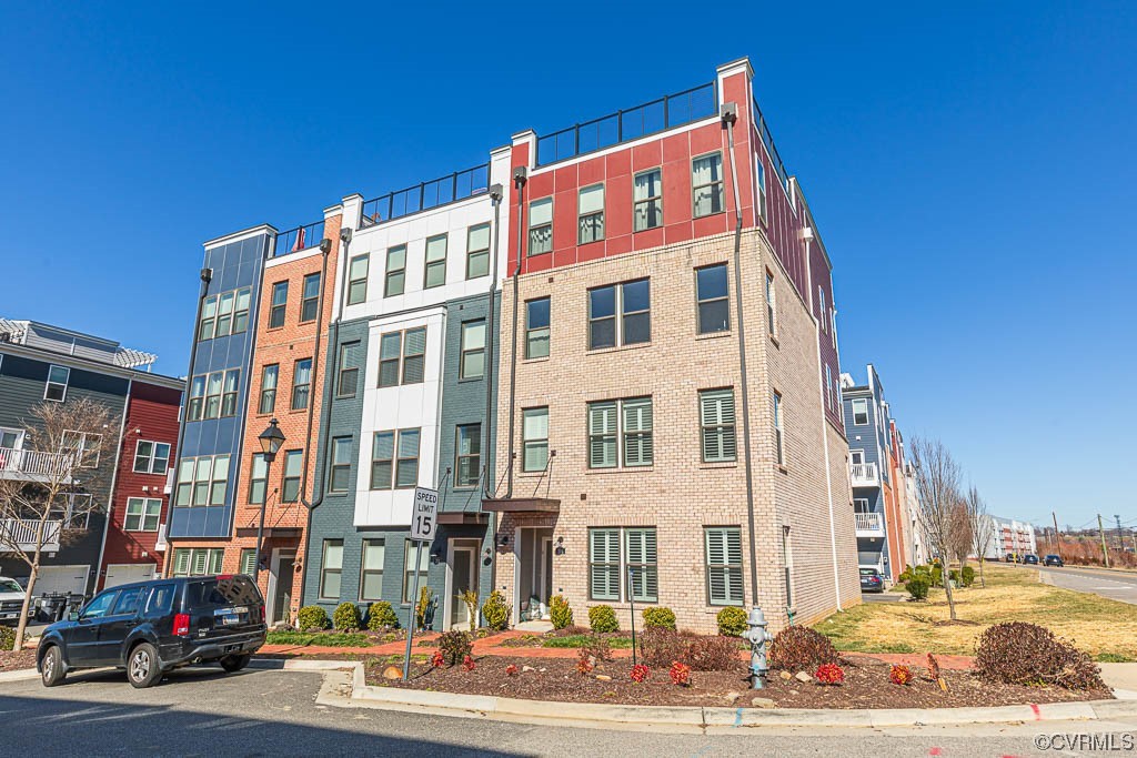 a front view of a building with street view