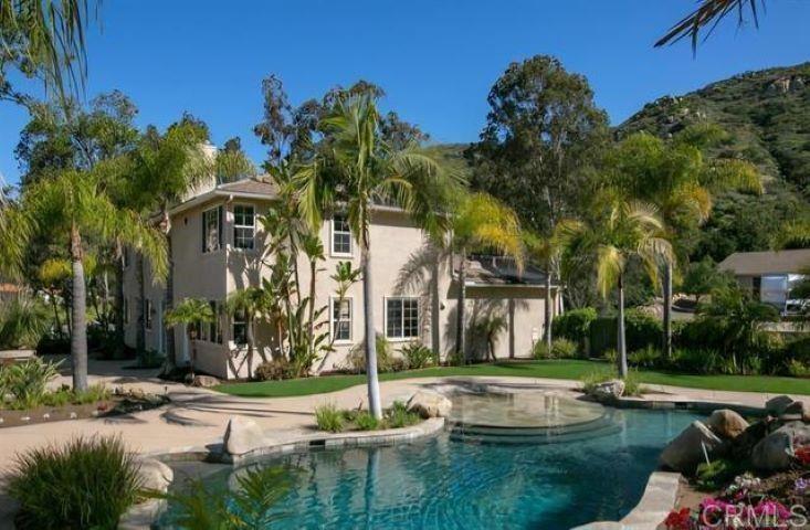 a view of a fountain in a yard with palm trees