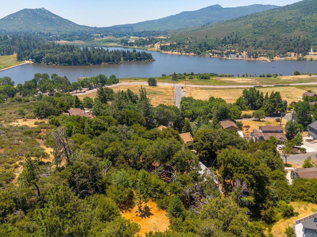 an aerial view of residential houses with outdoor space and river