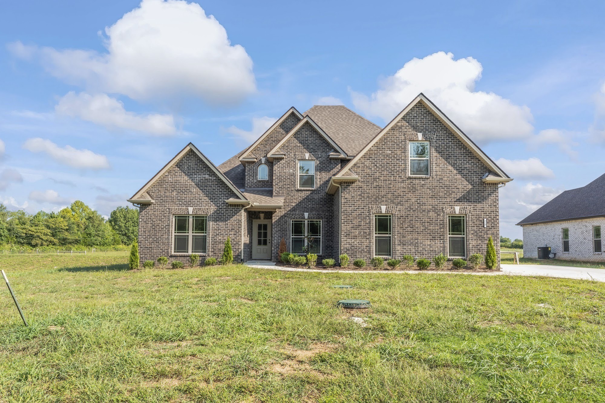 a front view of house with yard and green space