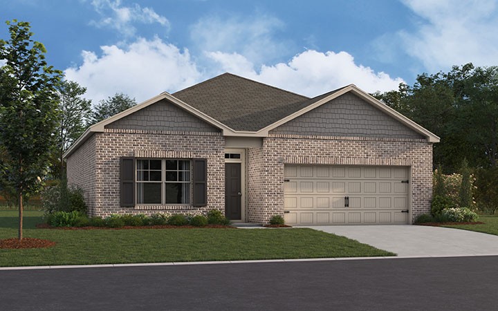 a front view of a house with a garden and garage