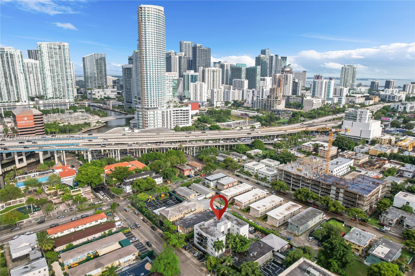 a city view with tall buildings