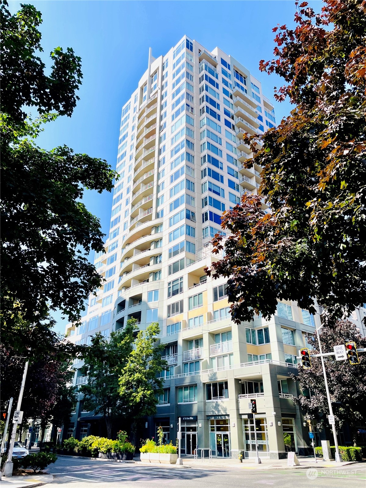 a front view of a building with street view