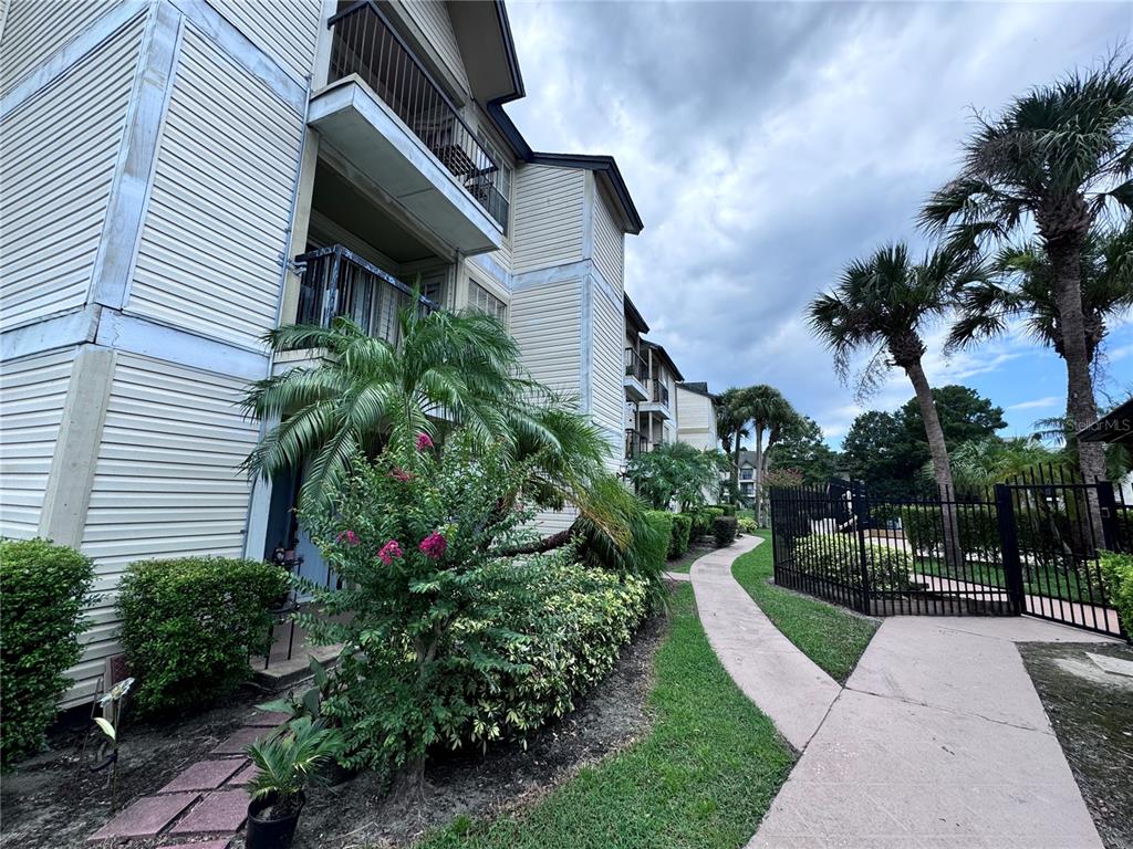 a view of a house with a yard and potted plants