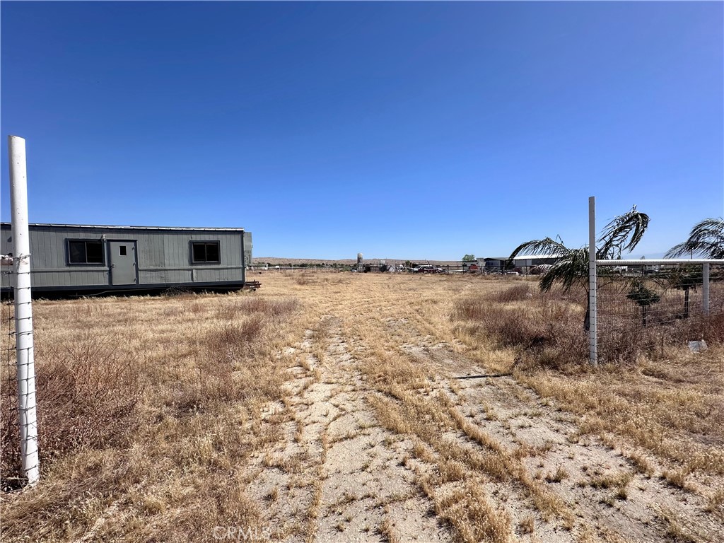 a view of a dry yard with wooden fence