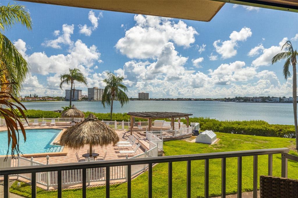 a view of a lake from a balcony