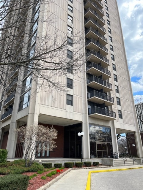 front view of a building with a street