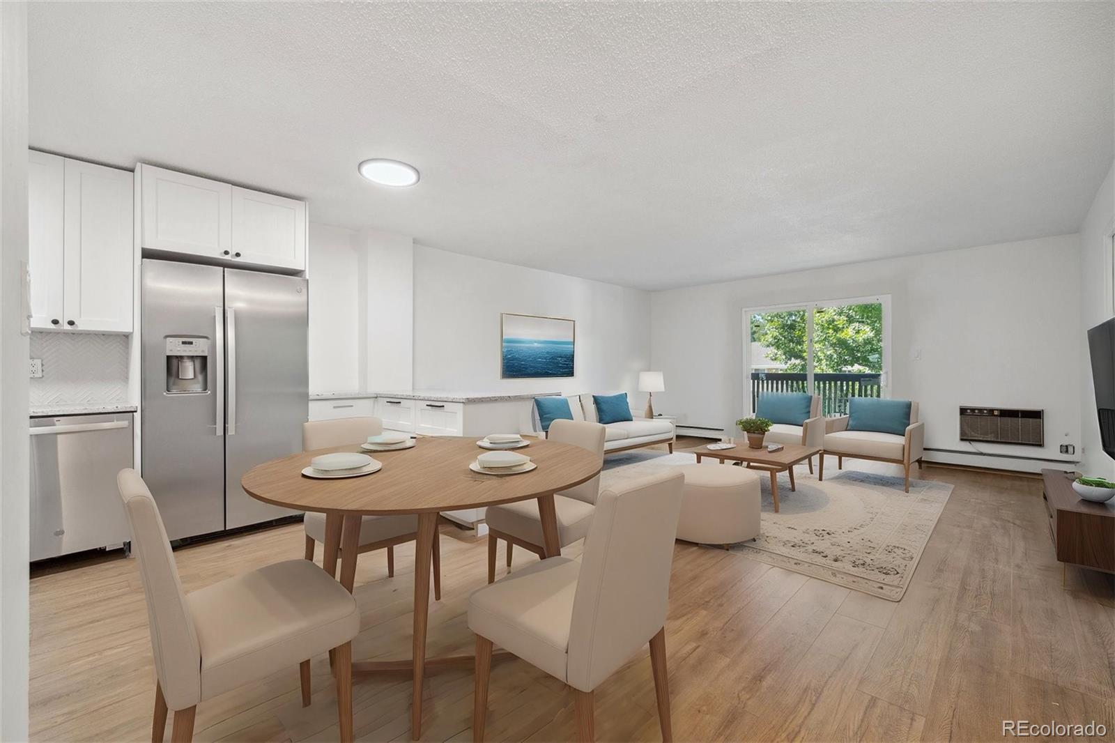 a view of a dining room with furniture