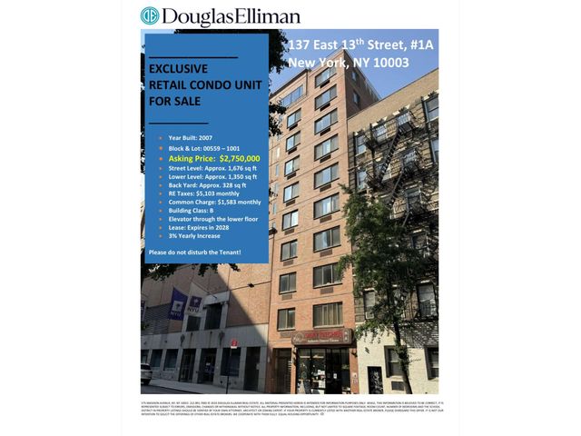 $2,750,000 | 137 East 13th Street, Unit 1A/RETAIL | Greenwich Village