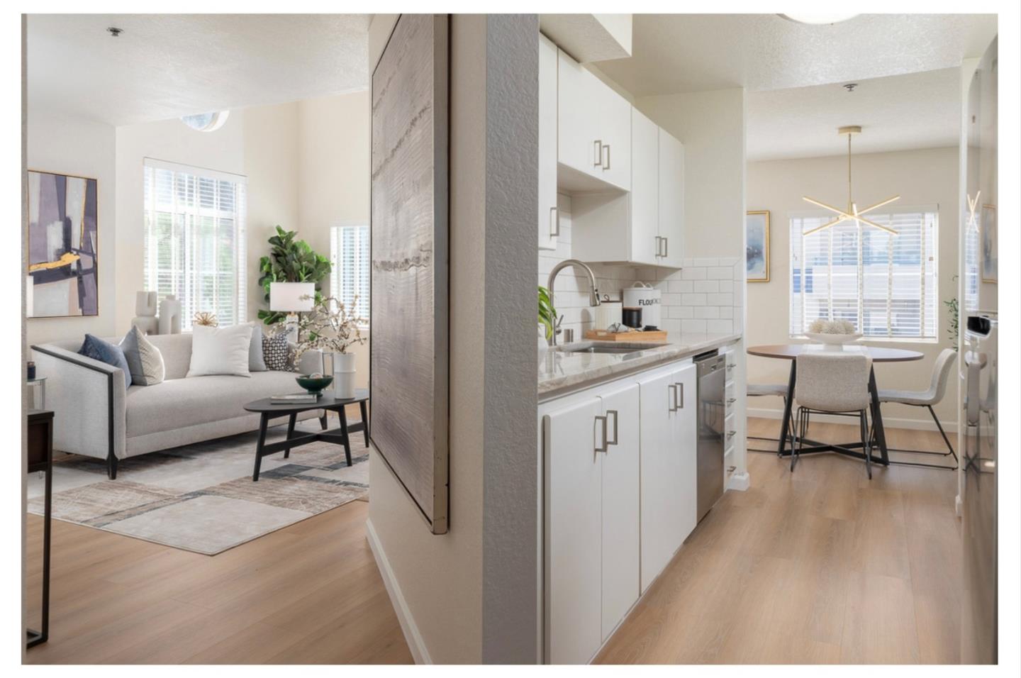 a living room with furniture a dining table and a refrigerator