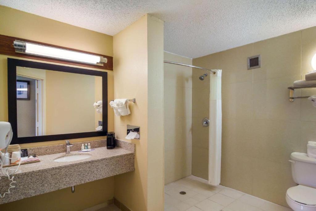 a bathroom with a granite countertop sink toilet and shower