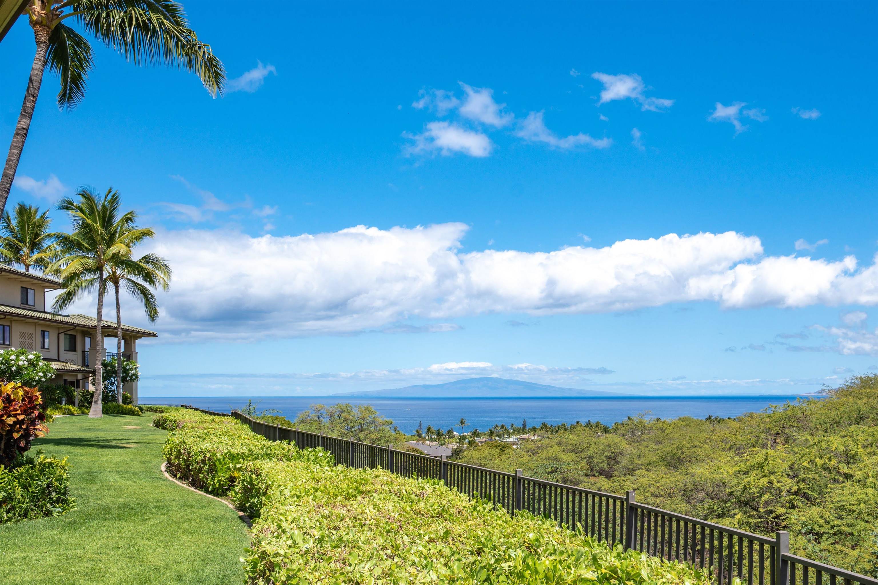 a view of a yard and an ocean view