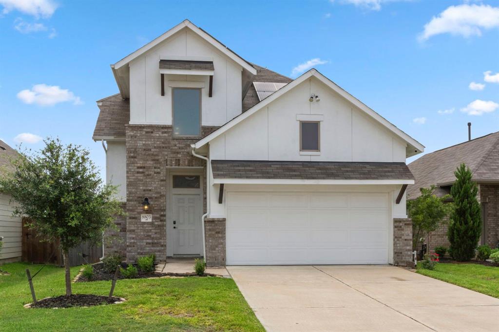 This impressive 2-story home, constructed in 2020, with fully paid off SOLAR PANELS features 4 Bedrooms, 3 Full Baths, Gameroom and a striking stucco/brick exterior.  The double wide driveway provides ample space for parking and the lush landscape harmonizes beautifully with the brickwork and light-colored exterior.