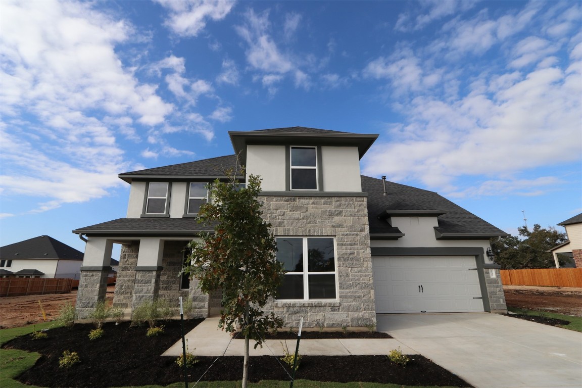 a front view of a house with plants