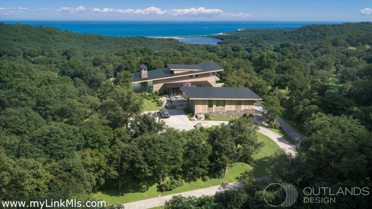 Architectural rendering - CGI image - of a potential dwelling with pool and driveway that's possible respecting the designated building envelope and view easements.