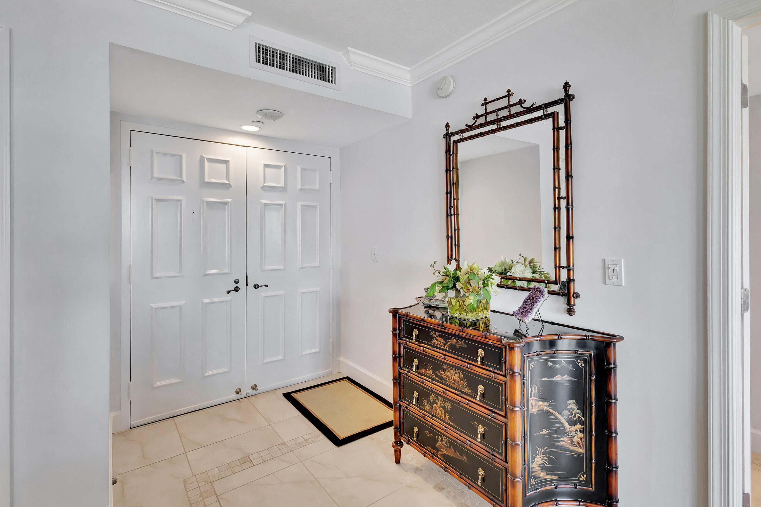 a living room with closet