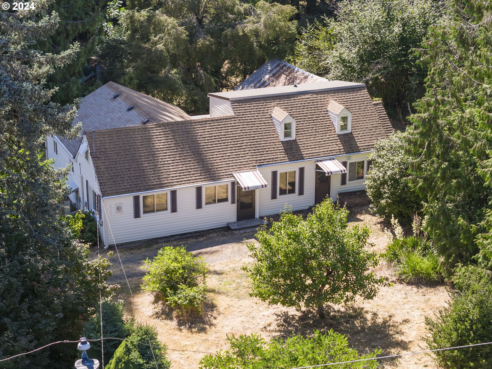 a aerial view of a house with a yard and large tree