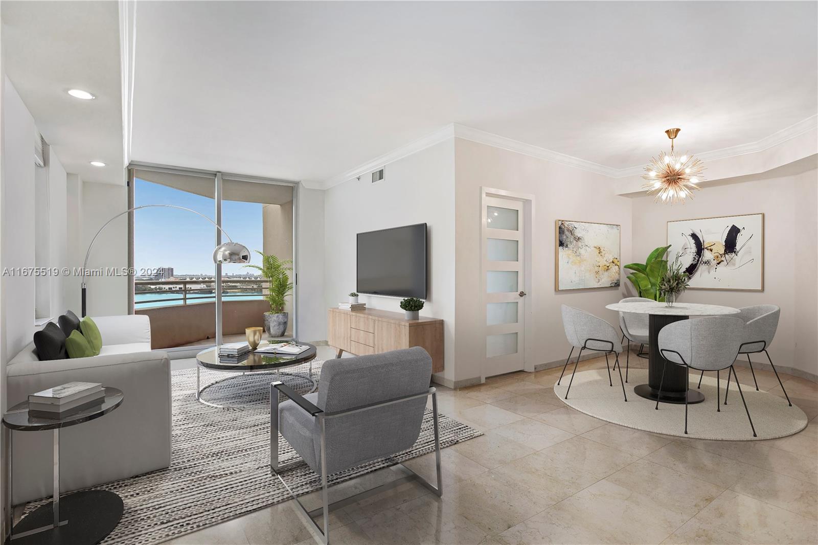 a living room with furniture and a dining table with kitchen view