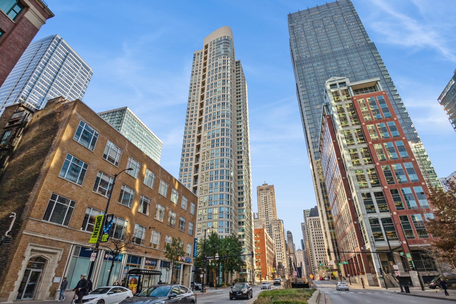 a view of a city with tall buildings