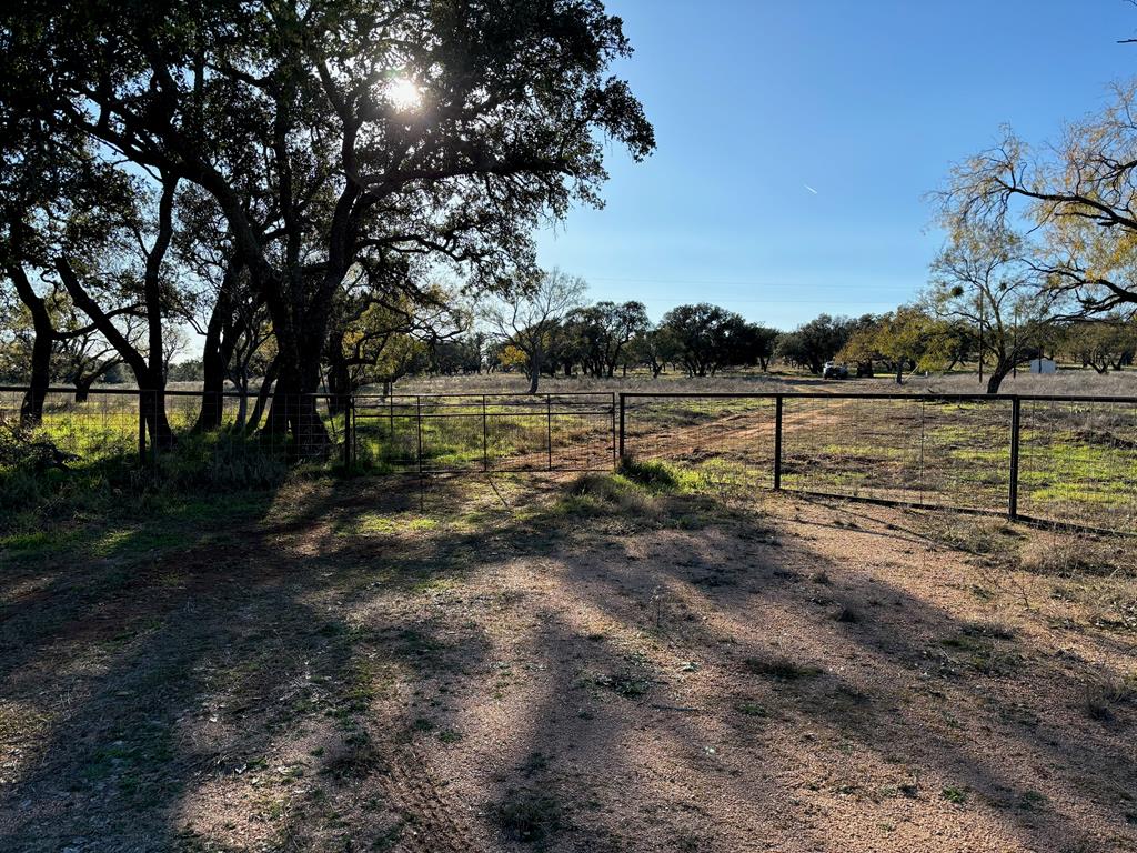 a view of a yard with wooden fence