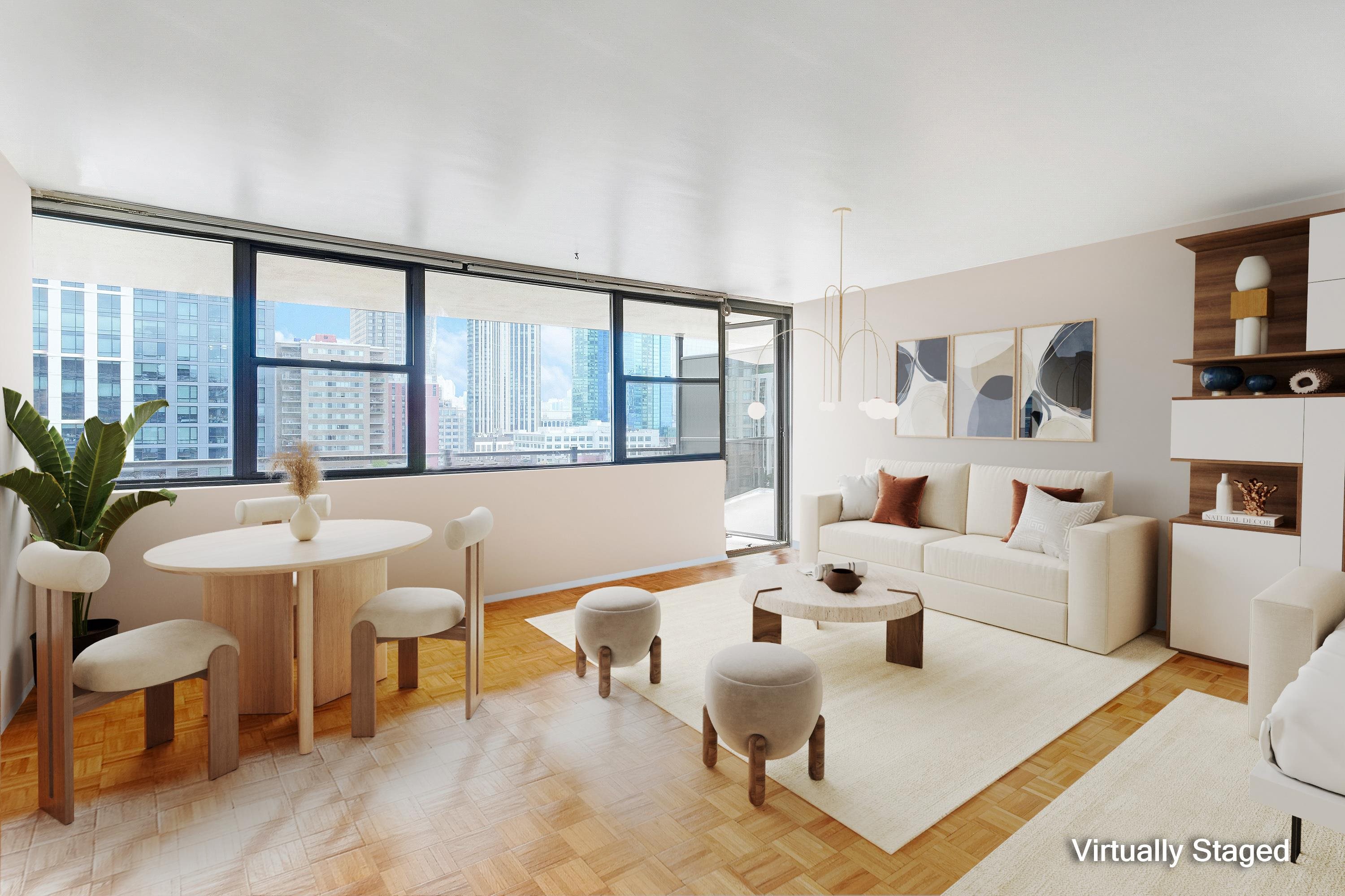 a living room with furniture dining table and a large window