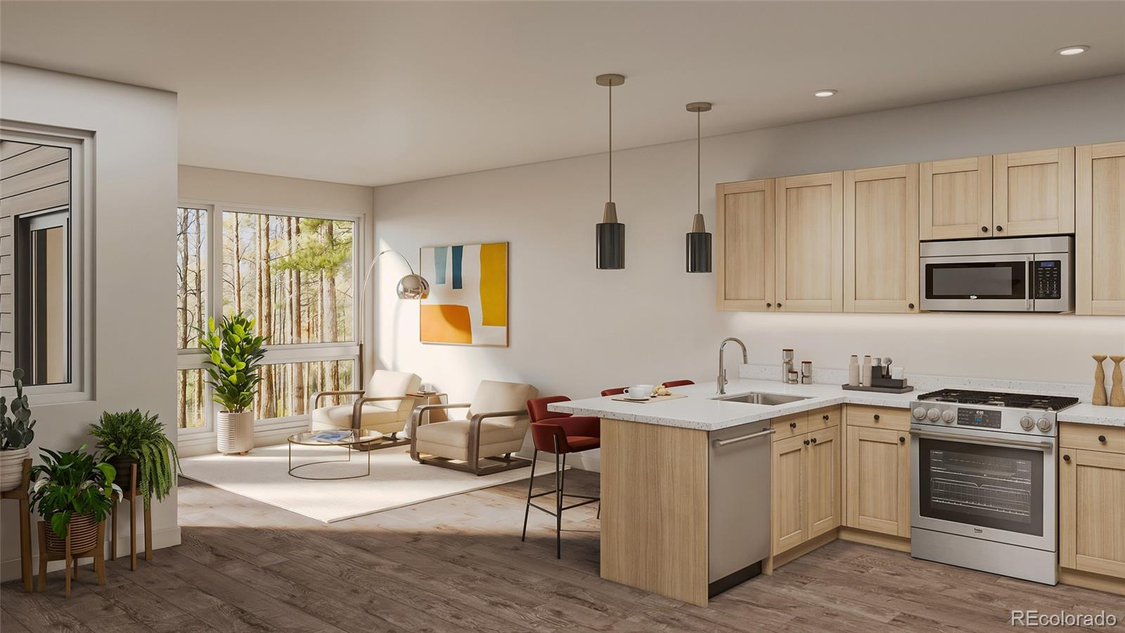 a kitchen with a sink stove and microwave