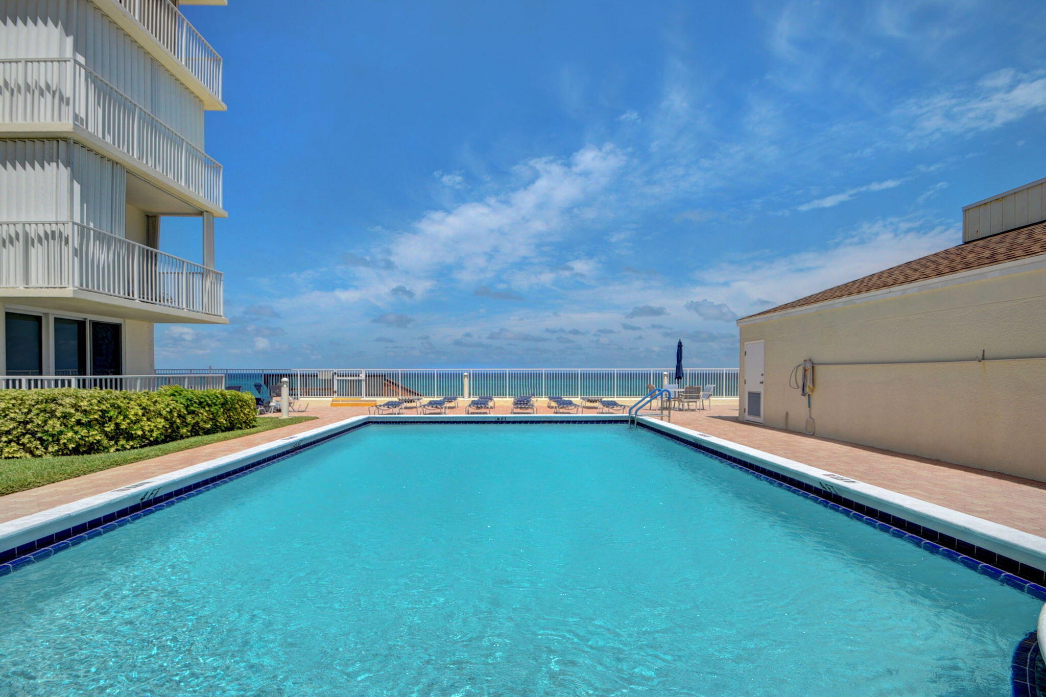 a view of a swimming pool with a yard