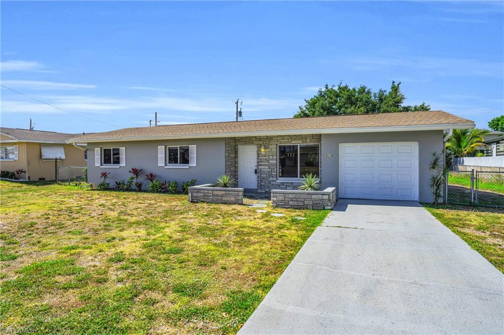 front view of a house with a patio