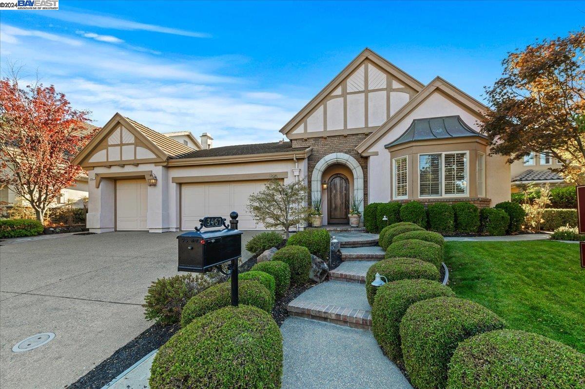 a view of a house with a big yard plants and large tree