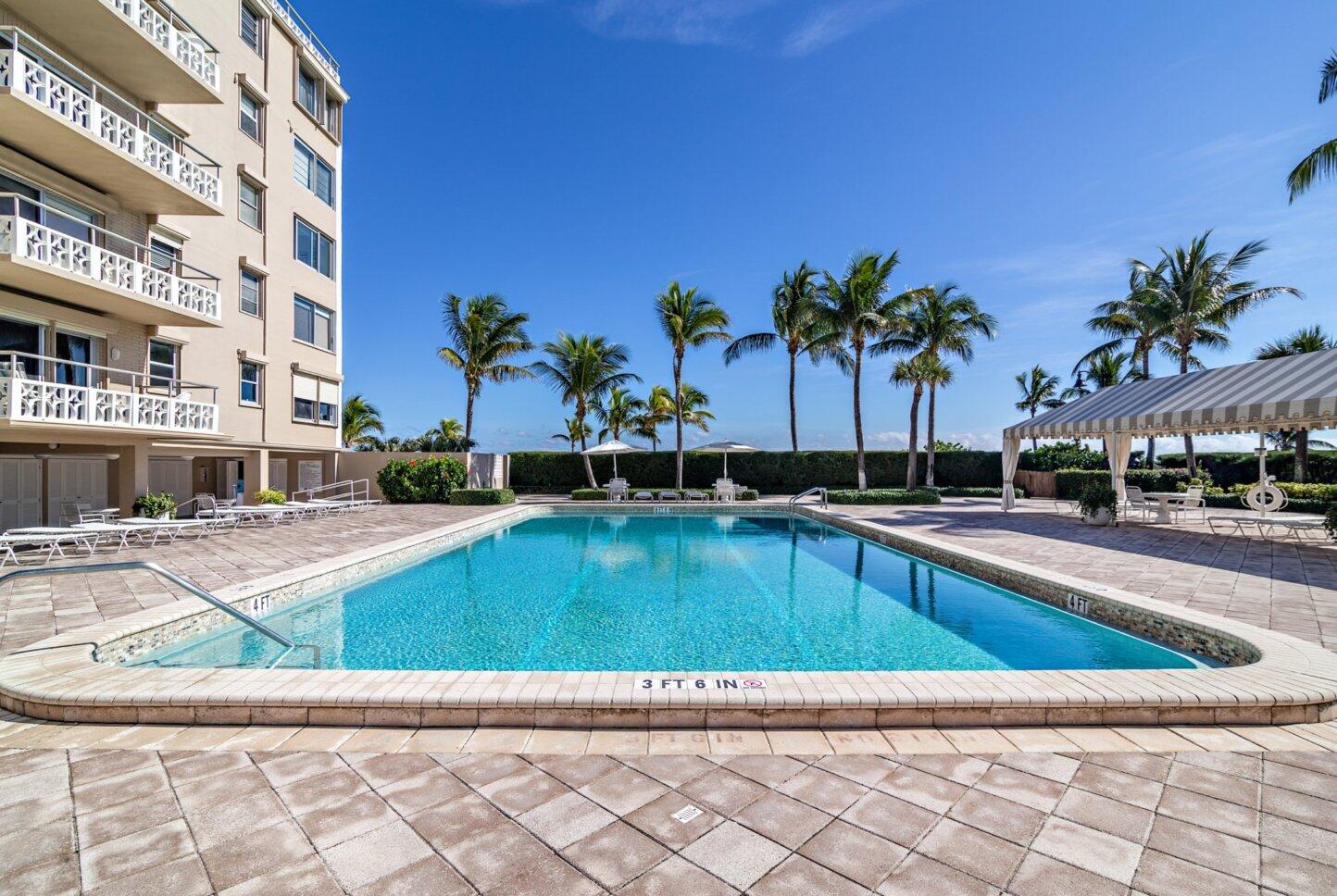 a view of swimming pool with outdoor seating and palm trees