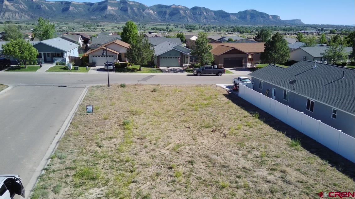 an aerial view of a house with a yard and a large tree