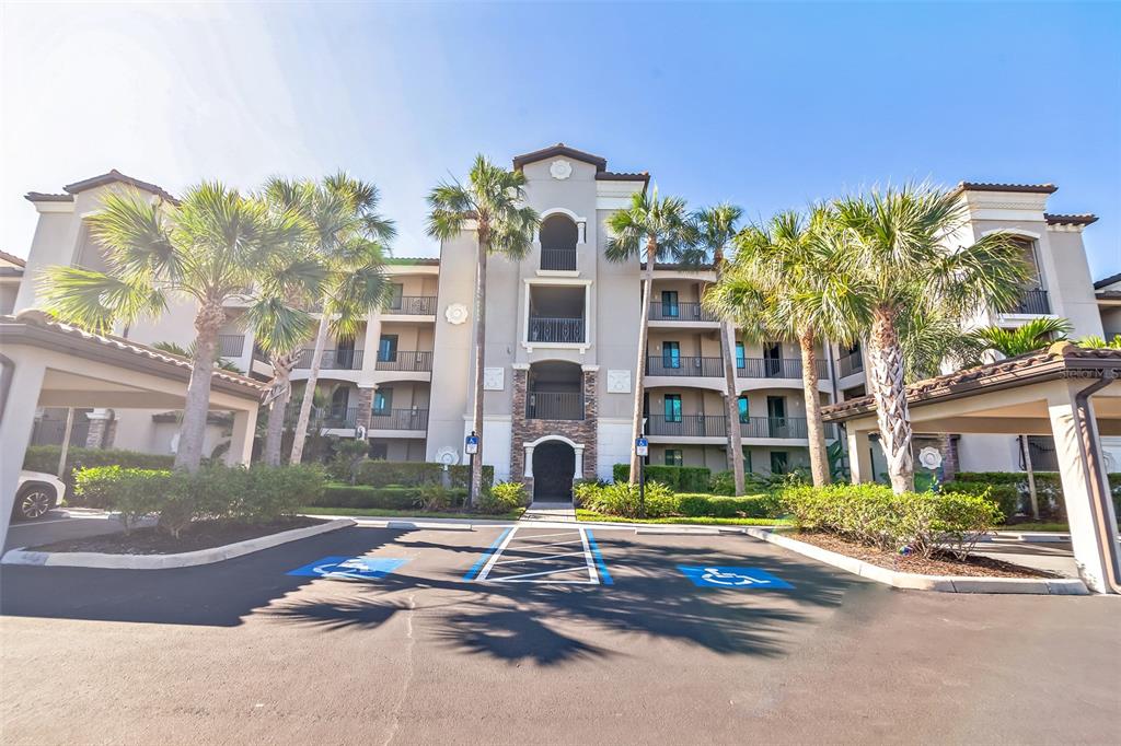 a front view of a building with street view