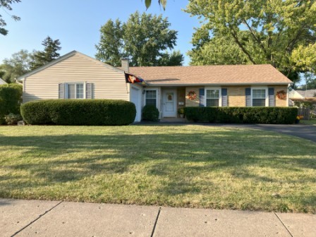 a front view of a house with yard and green space