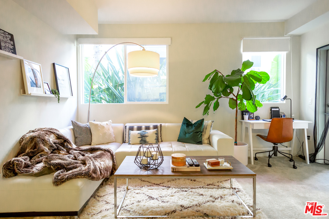 a living room with furniture and a potted plant