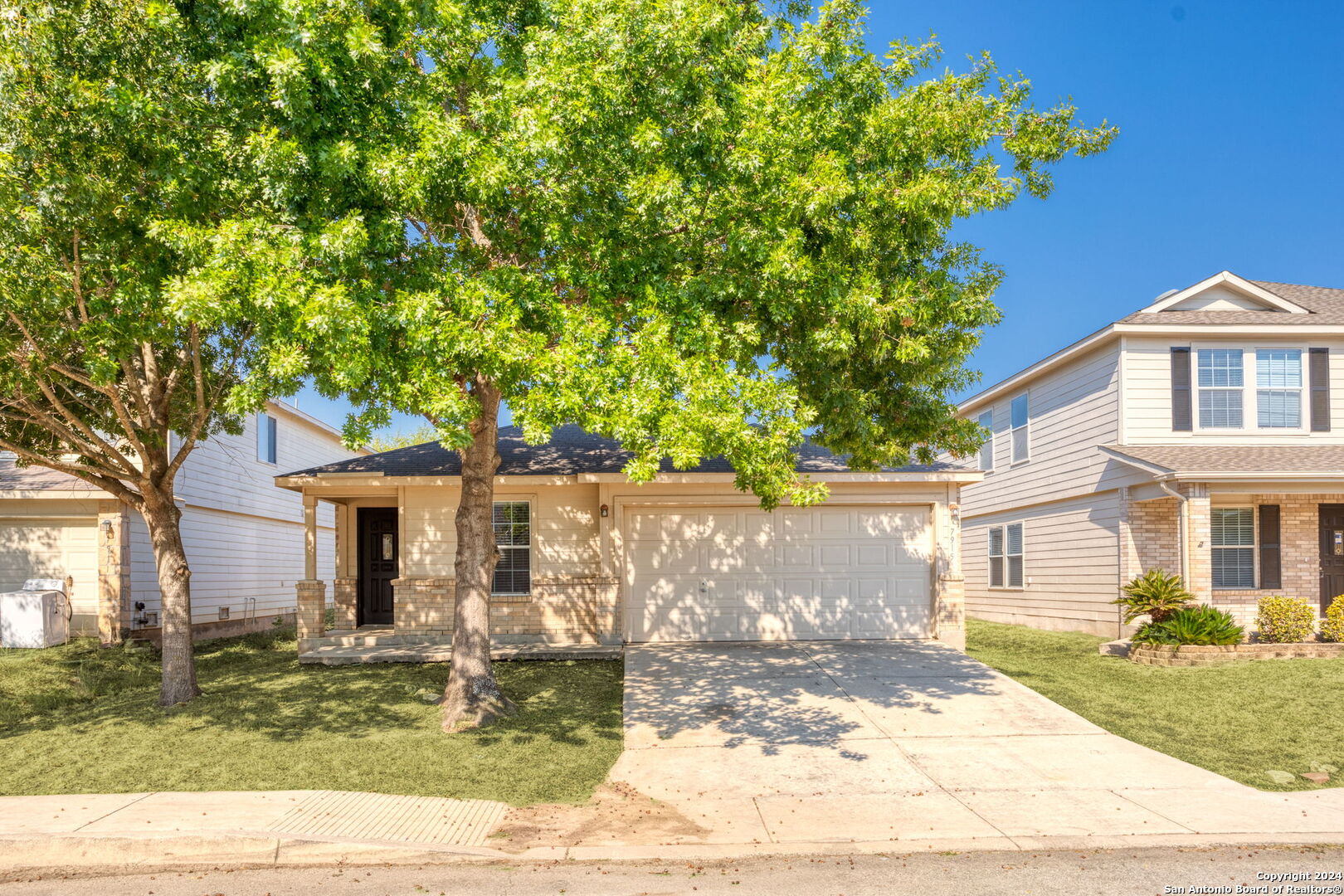 front view of a house with a tree